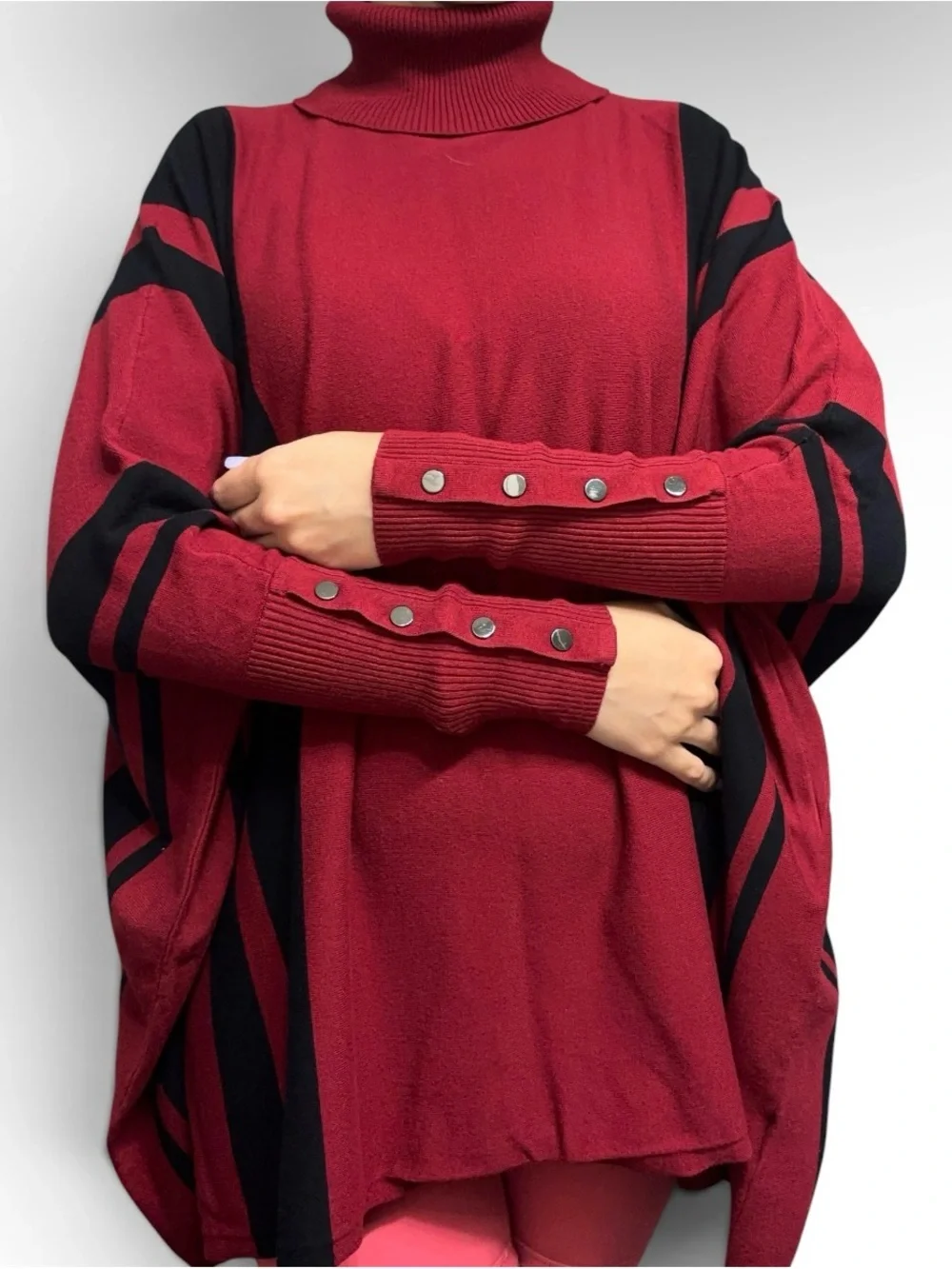 Woman’s Red and Black Turtleneck Poncho Sweater